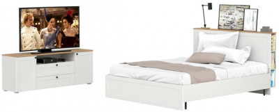 Остин 11.53 Кровать + ортопед + 16.47 Тумба под ТВ, белый шагрень/дуб крафт золотой