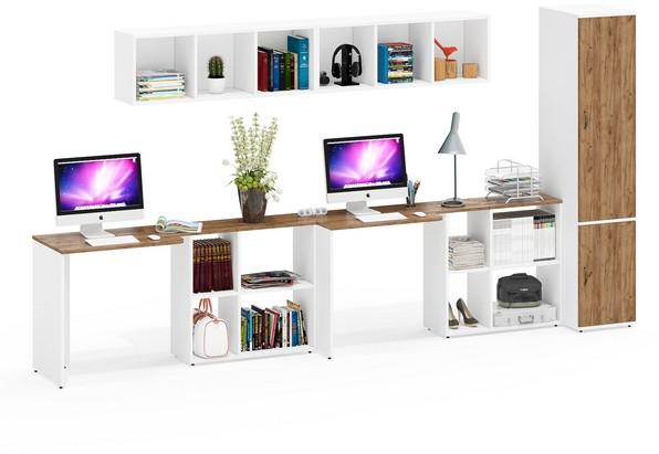 Лидер-8 Стол + Полка + Стол + Полка + Пенал МД 23Б, цвет белый шагрень/крафт золото, ШхГхВ 370х50х75/190 или 230х120/50х75/190 см., НЕ ун. сборка