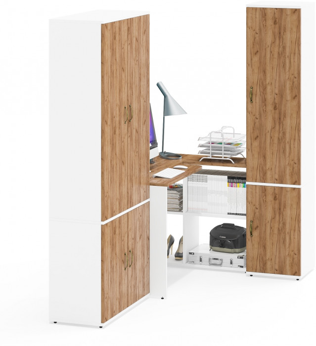 Лидер-8 Шкаф МД 20Б + Стол + Пенал 21Б, белый шагрень/крафт золото