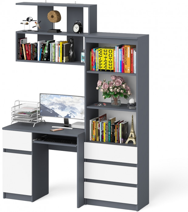 Мори компьютерный стол МС-1 левый + Стеллаж МСТ600.3 + Полка 900, графит/белый