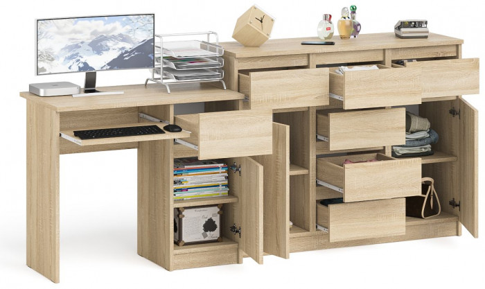 Мори компьютерный стол МС-1 правый + Комод МК1200.4, дуб сонома