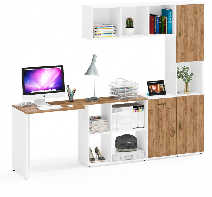 Лидер-8 Стол + Полка + Тумба МД 3.15 + Пенал, белый шагрень/крафт золото