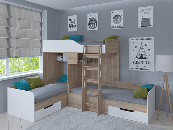 Кровать двухъярусная Трио Сонома/Белый