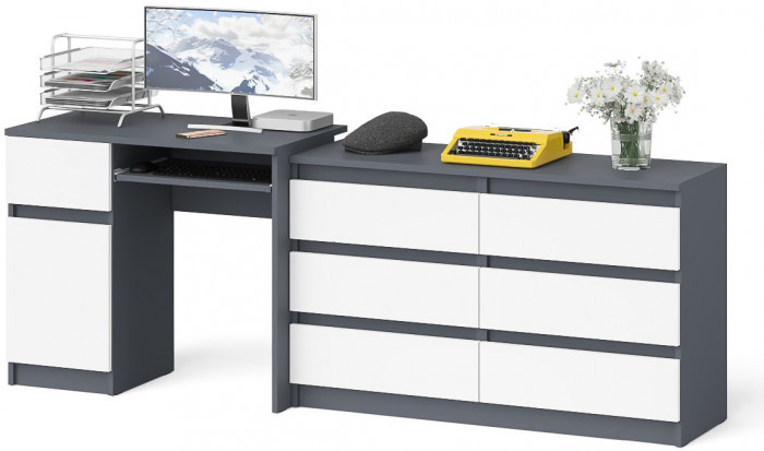 Мори компьютерный стол МС-1 левый + Комод МК1200.6, графит/белый
