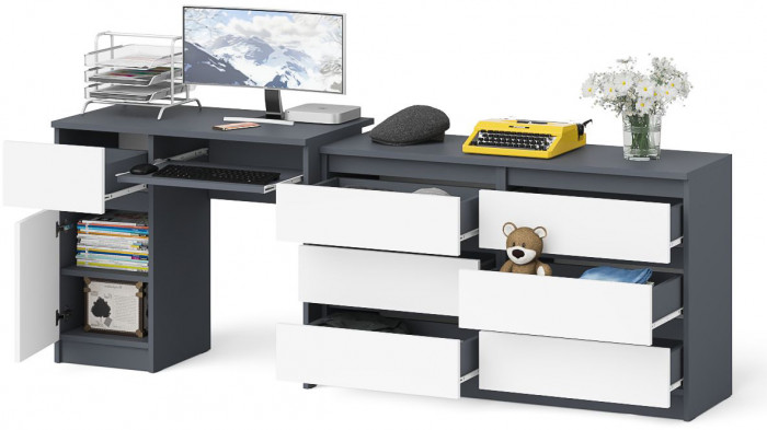 Мори компьютерный стол МС-1 левый + Комод МК1200.6, графит/белый