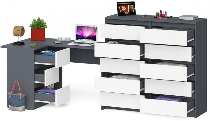 Мори компьютерный стол МС-16 левый + Комод МК1200.10, графит/белый