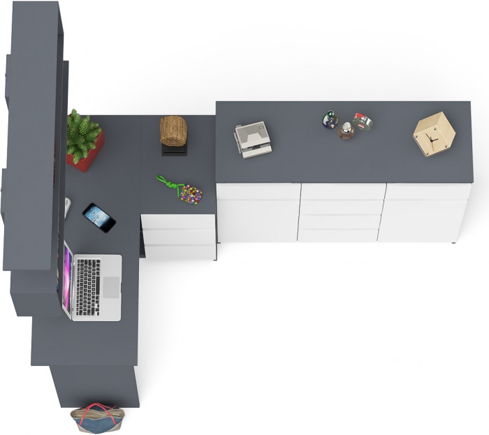 Мори компьютерный стол МС-16 правый + Комод МК1200.4 + Полка 1200, графит/белый