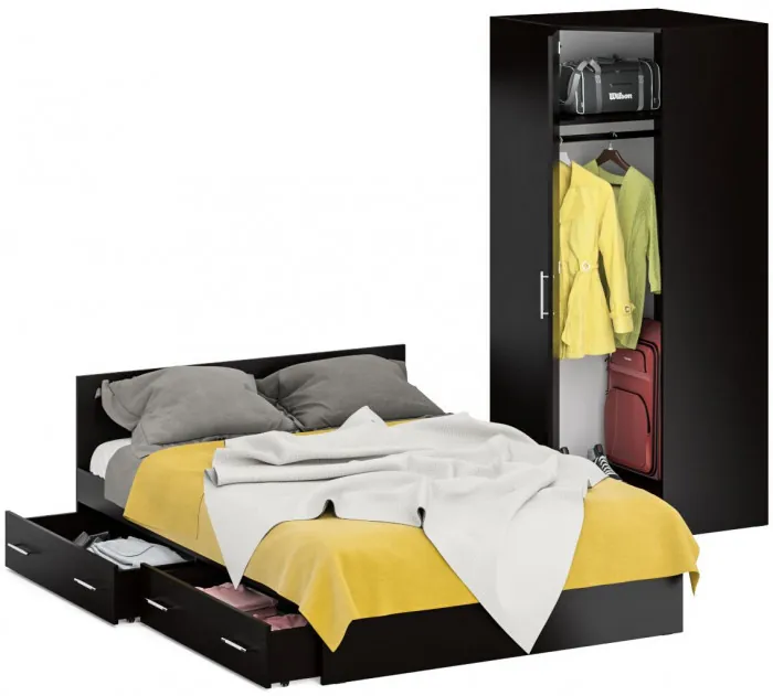 Кровать с ящиками 1400 + Шкаф угловой Стандарт, цвет венге, ШхГхВ 143,5х203,5х70 + 81,2х81,2х200 см., сп.м. 1400х2000 мм., без матраса, основание есть