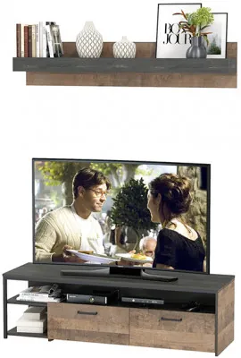 Трувор 13.70 Тумба под ТВ + 15.60 Полка, цвет дуб гранж песочный/интра, ШхГхВ 149,8х45,4х195 см., универсальная сборка