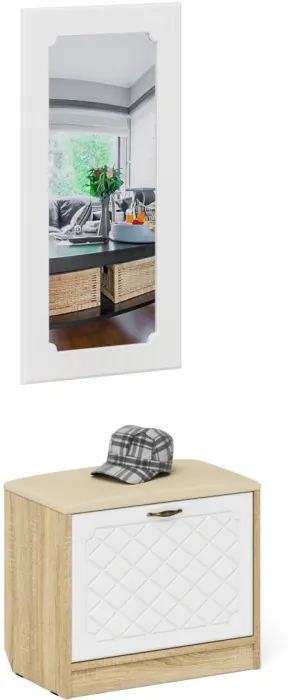 Прихожая П-6 Тумба + Зеркало, цвет дуб сонома/фасады МДФ белое дерево фрезеровка ромб, ШхГхВ 60х35х200 см.