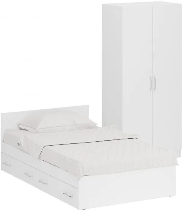 Кровать с ящиками 1200 + Шкаф 2-х створчатый Стандарт, цвет белый, ШхГхВ 123,5х203,5х70 + 90х52х200 см., сп.м. 1200х2000 мм., б/м, основание есть