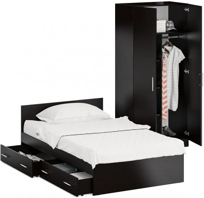 Кровать с ящиками 1200 + Шкаф 2-х створчатый Стандарт, цвет венге, ШхГхВ 123,5х203,5х70 + 90х52х200 см., сп.м. 1200х2000 мм., б/м, основание есть