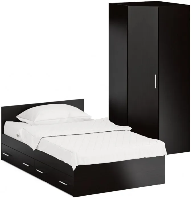 Кровать с ящиками 1200 + Шкаф угловой Стандарт, цвет венге, ШхГхВ 123,5х203,5х70 + 81,2х81,2х200 см., сп.м. 1200х2000 мм., без матраса, основание есть