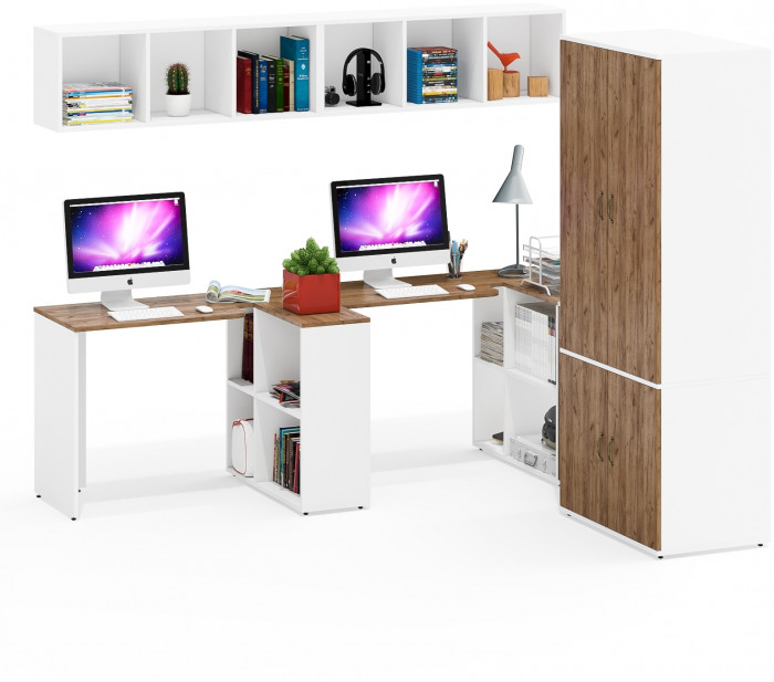 Лидер-8 Стол + Полка + Стол + Полка + Шкаф МД 19Б + Тумба МД 3.15, цвет белый шагрень/крафт золото, 450х50х75/190 или 230х200/50х75/190, НЕ ун. сб.