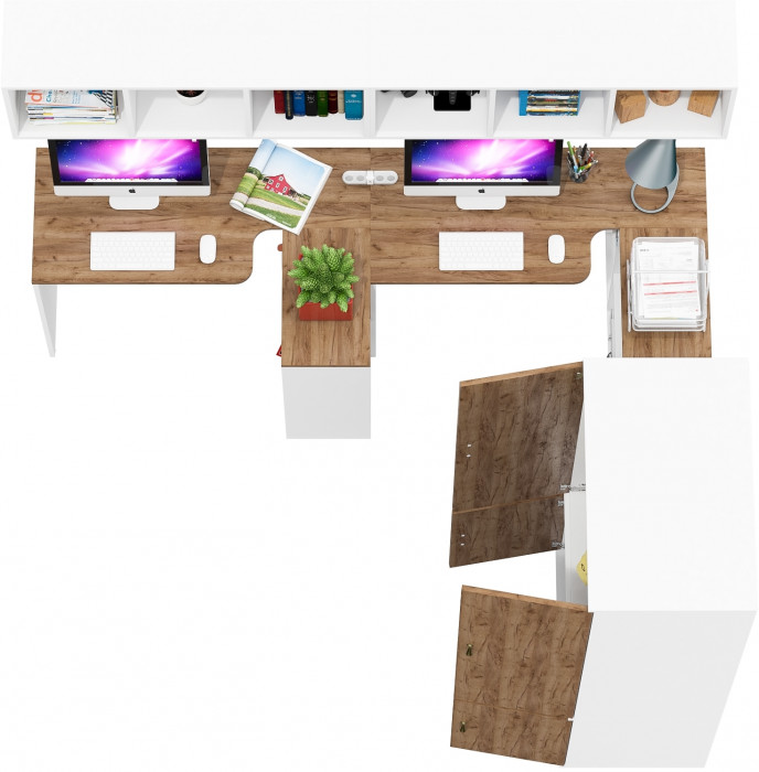 Лидер-8 Стол + Полка + Стол + Полка + Шкаф МД 19Б + Тумба МД 3.15, цвет белый шагрень/крафт золото, 450х50х75/190 или 230х200/50х75/190, НЕ ун. сб.