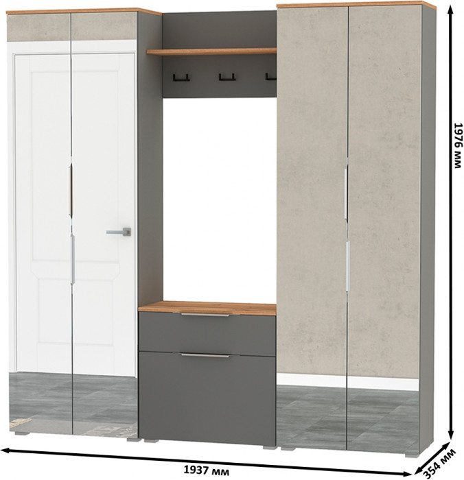 Октава Прихожая 25, цвет серый графит/дуб крафт золотой/фасады МДФ серый графит, ШхГхВ 193,7х35,4х197,6 см., универсальная сборка
