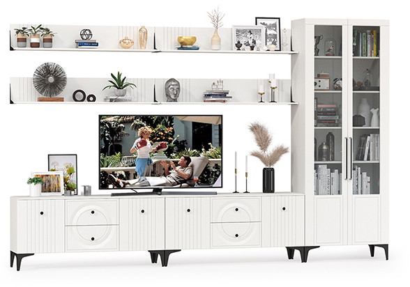 Валенсия Гостиная № 084, цвет ЛДСП белый шагрень/МДФ белый шагрень, ШхГхВ 350,3х38,3х225,2 см., универсальная сборка