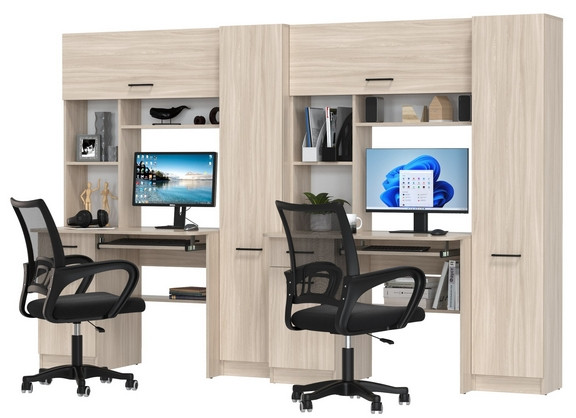 Два стола рабочих 6-0603 Альфа + два кресла 103 чёрных, цвет ясень шимо светлый, ШхГхВ 274х61х181 см., универсальная сборка