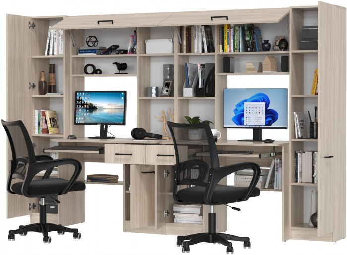 Два стола рабочих 6-0603 Альфа + два кресла 103 чёрных, цвет ясень шимо светлый, ШхГхВ 274х61х181 см., универсальная сборка