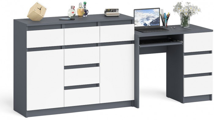 Мори компьютерный стол МС-6 правый + Комод МК1200.4, графит/белый