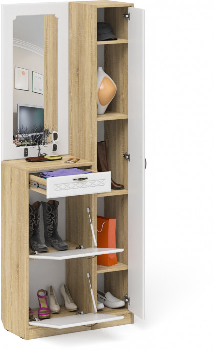 Прихожая П-6 Компоновка № 23, дуб сонома/фасады МДФ белое дерево фрезеровка ромб