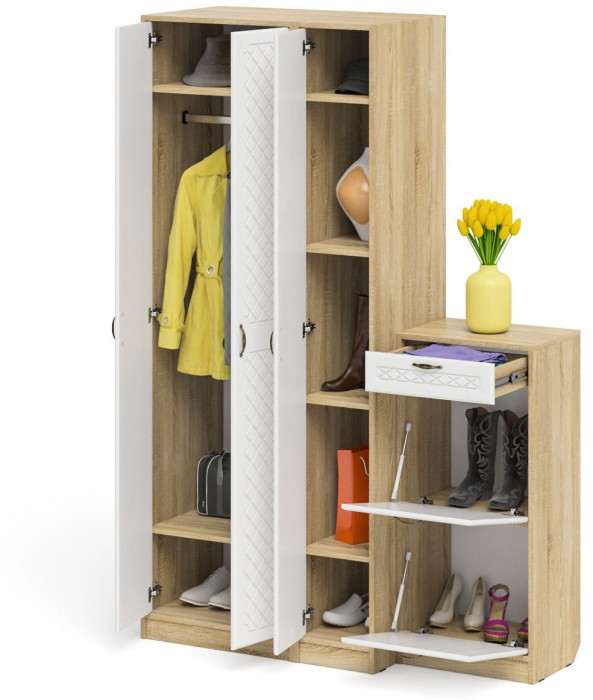 Прихожая П-6 Компоновка № 48, дуб сонома/фасады МДФ белое дерево фрезеровка ромб