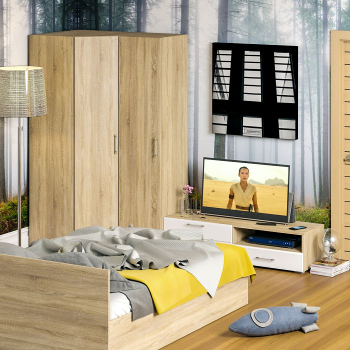 Спальня Стандарт 4-1400, дуб сонома/фасады ТВ тумбы МДФ белый глянец