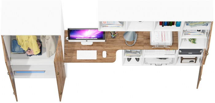 Лидер-8 Шкаф МД 19Б + Стол + Полка + Пенал, белый шагрень/крафт золото