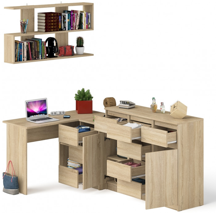 Мори компьютерный стол МС-16 правый + Комод МК1200.4 + Полка 1200, дуб сонома