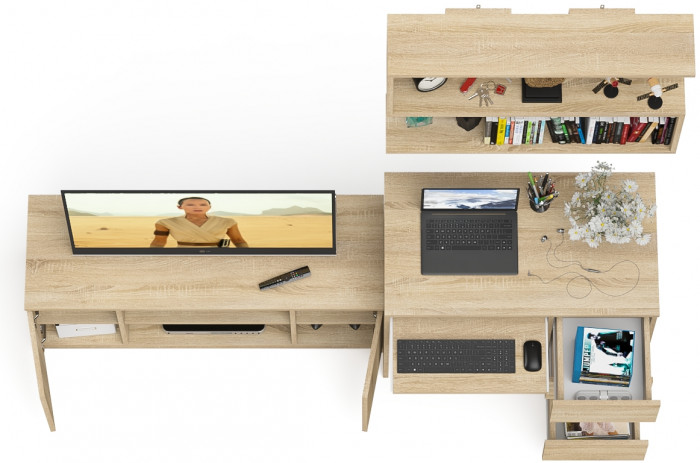 Мори компьютерный стол МС-6 правый + Тумба МТВ1200.1 + Полка 900, дуб сонома