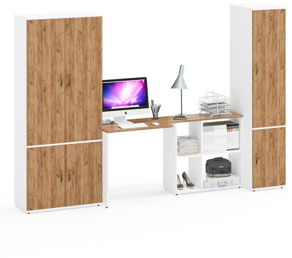 Лидер-8 Шкаф МД 20Б + Стол + Пенал 23Б, белый шагрень/крафт золото