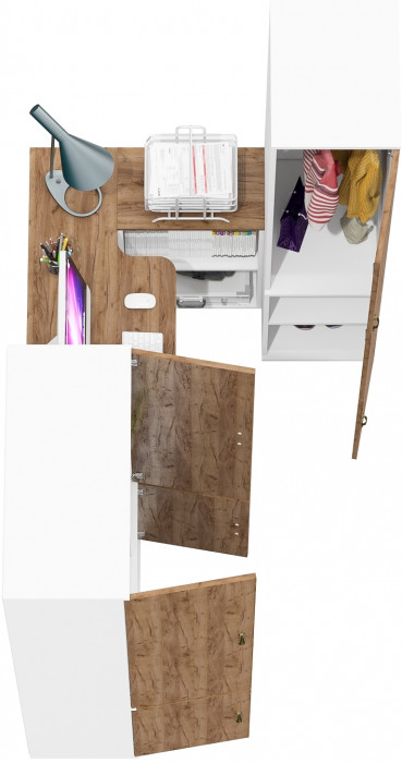 Лидер-8 Шкаф МД 20Б + Стол + Пенал 23Б, белый шагрень/крафт золото