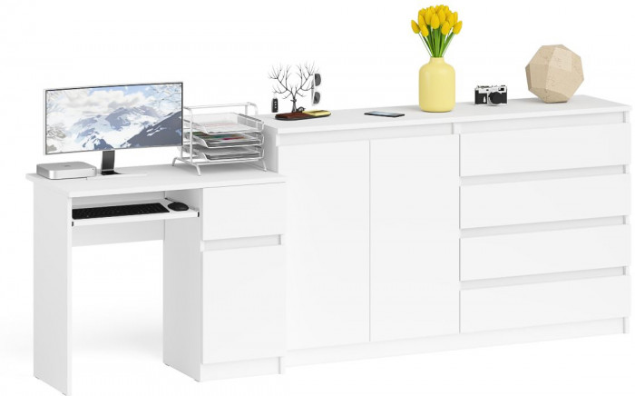 Мори Стол компьютерный МС-1 правый + Комод МК1600.1, цвет белый, ШхГхВ 250,4х50х94 см., выдвижной ящик справа, НЕ универсальная сборка
