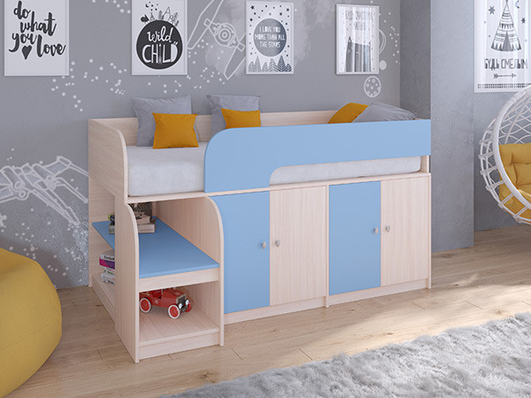 Кровать чердак Астра 9 V2 Дуб молочный/Голубой