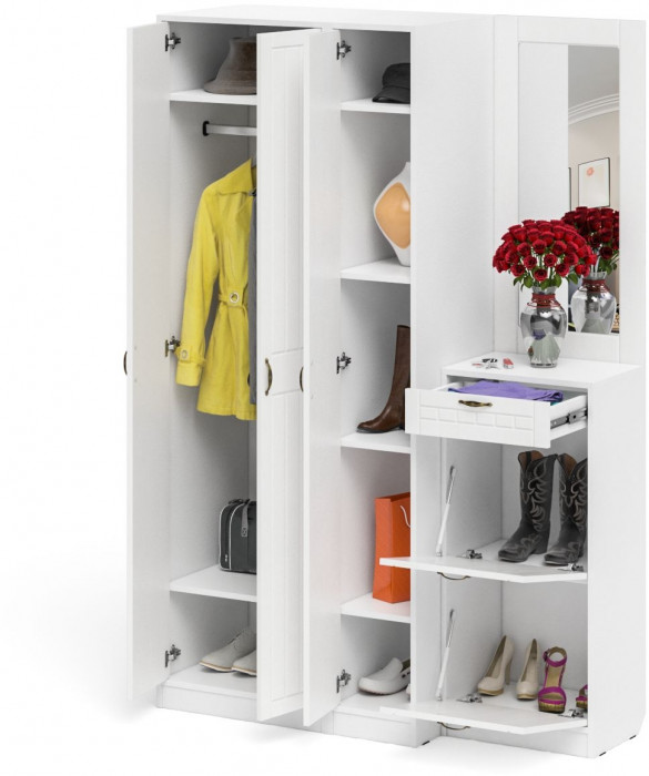 Прихожая П-6 Компоновка № 49, белая шагрень/фасады МДФ белое дерево фрезеровка прованс