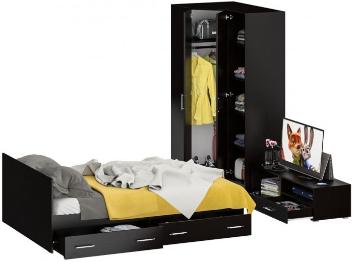 Спальня Стандарт 4-1400Я, венге/фасады ТВ тумбы МДФ чёрный глянец