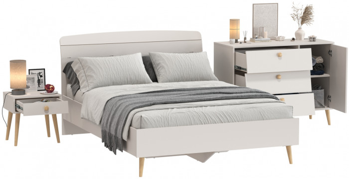 Афина Спальня Кровать 1400 + Комод + Тумба, кашемир серый