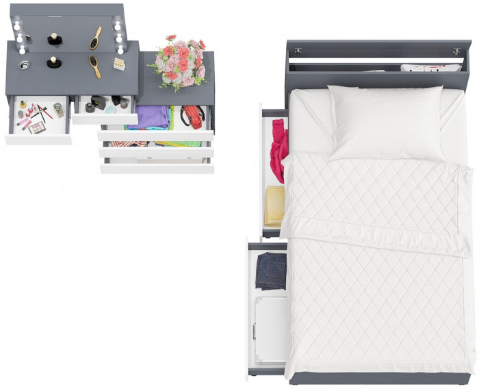 Ксения Кровать с ящиками 1200 + Стол косметический с подсветкой 110, графит/белый