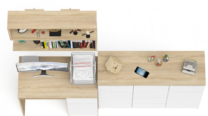 Мори компьютерный стол МС-1 правый + Комод МК1200.4 + Полка 900, дуб сонома/белый