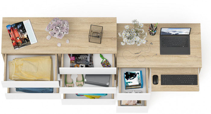 Мори компьютерный стол МС-6 левый + Комод МК1200.8, дуб сонома/белый