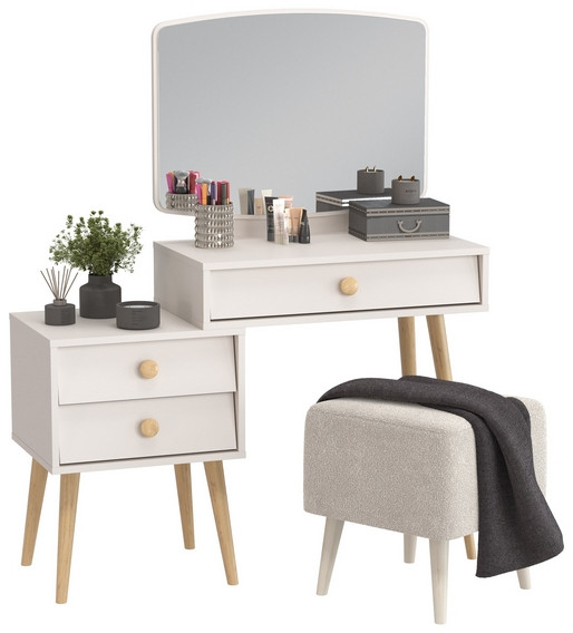 Афина Спальня 4-25901М1к.с. Трюмо + Банкетка 6-5133ТКВмол Куби, цвет кашемир серый/ткань молоко, ШхГхВ 105х38,6х129 + 41х41х45 см., универс. сб.