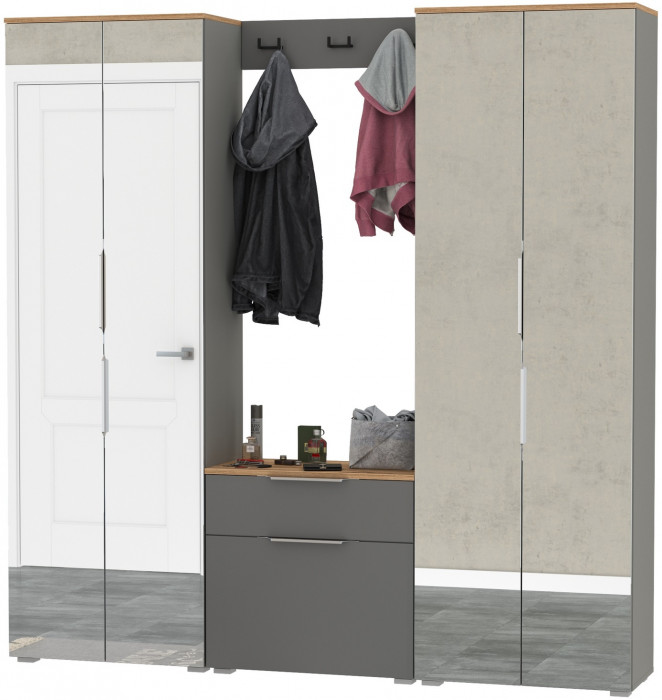 Октава Прихожая 26, цвет серый графит/дуб крафт золотой/фасады МДФ серый графит, ШхГхВ 193,7х35,4х197,6 см., универсальная сборка