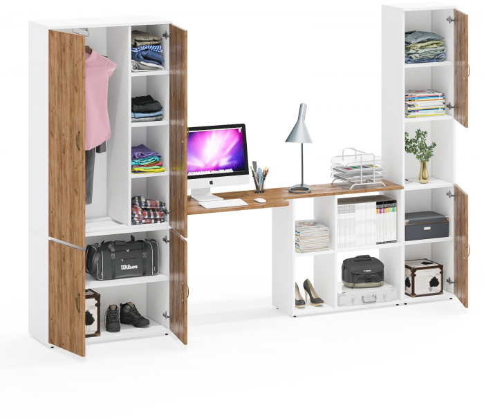 Лидер-8 Шкаф МД 20Б + Стол + Пенал, белый шагрень/крафт золото