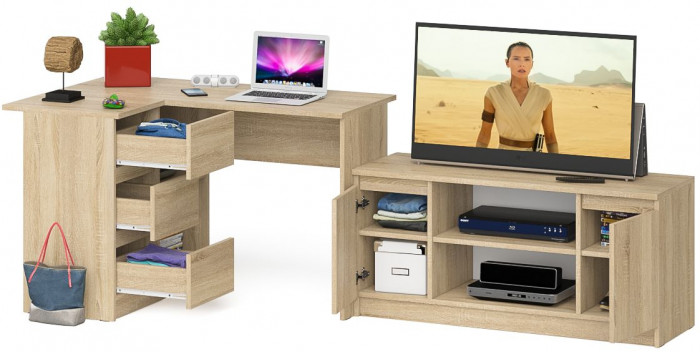 Мори компьютерный стол МС-16 левый + Тумба МТВ1200.1, дуб сонома