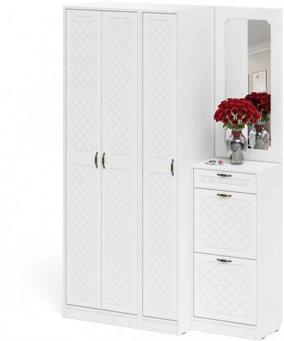 Прихожая П-6 Компоновка № 49, белая шагрень/фасады МДФ белое дерево фрезеровка ромб