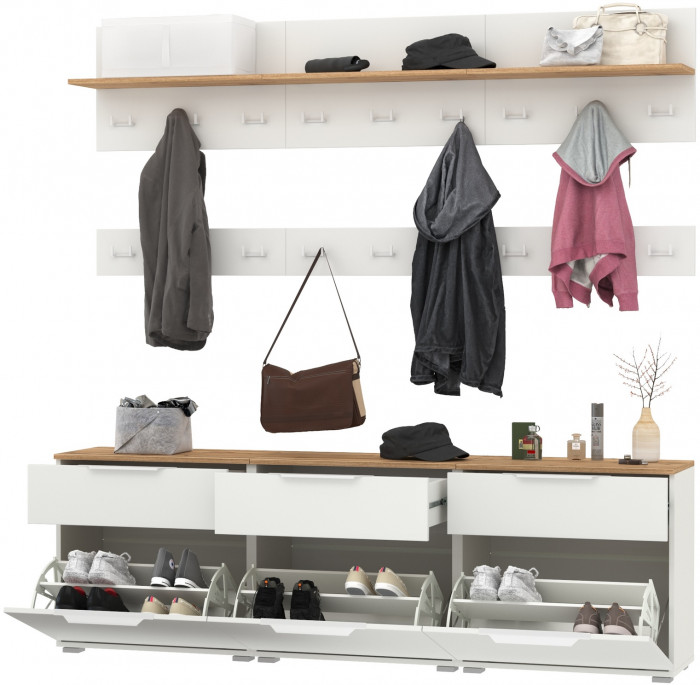 Октава Прихожая 08, цвет белый шагрень/дуб крафт золотой/фасады МДФ белый шагрень, ШхГхВ 194,7х35,4х197 см.