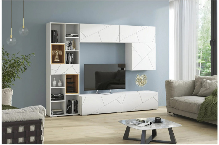 Модульная гостиная Гранж, композиция 3 (Белый (Шагрень)/Крафт золотой / Белый софт)