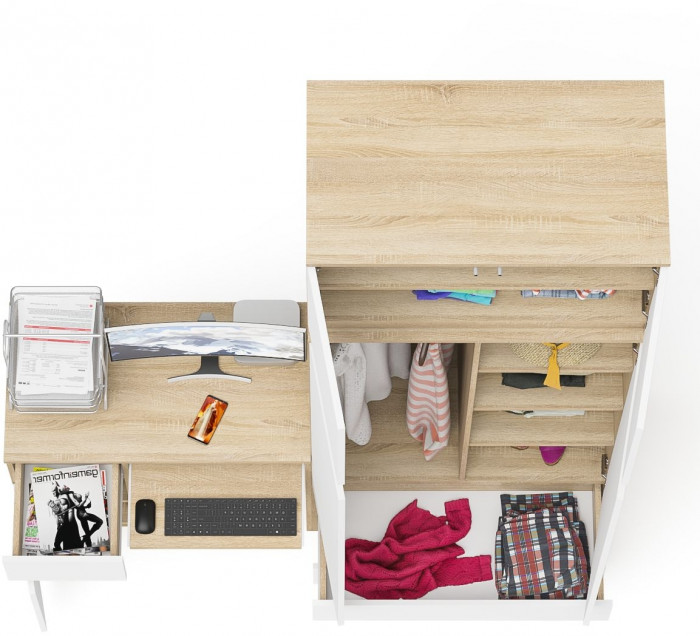 Мори Стол компьютерный МС-1 левый + Шкаф МШ900.1 + Антресоль МА900.1, цвет дуб сонома/белый, ШхГхВ 180,4х50,4х234,2 см., выдвиж. ящ. слева, НЕ ун. сб.