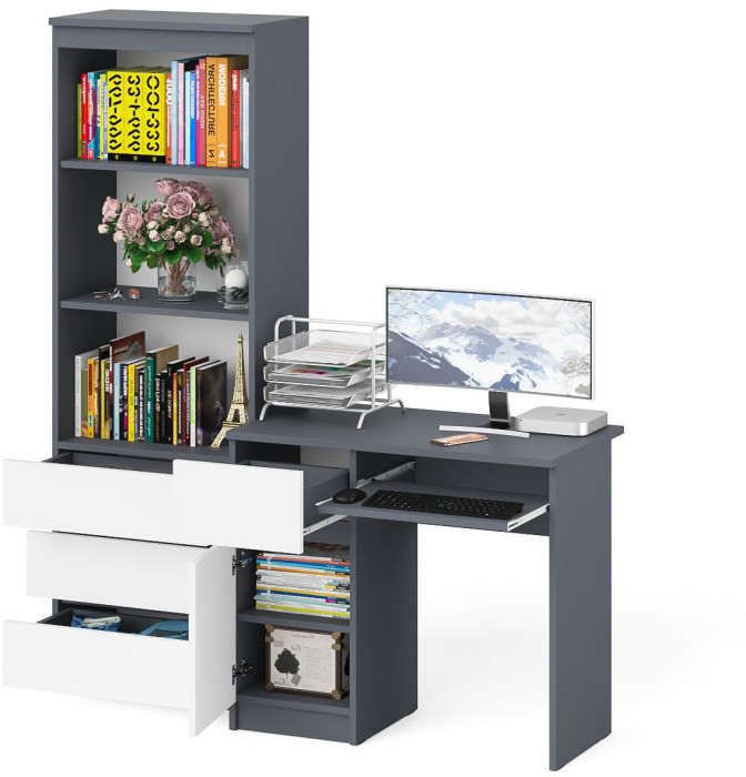Мори компьютерный стол МС-1 левый + Стеллаж МСТ600.3, графит/белый