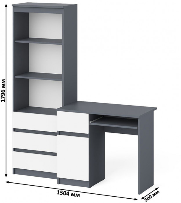 Мори компьютерный стол МС-1 левый + Стеллаж МСТ600.3, графит/белый